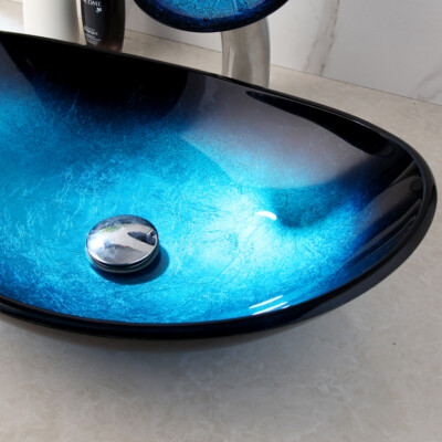 ELECWISH Hand-Painted Oval Vessel Sink – Tempered Glass Basin + Faucet + Drain Combo, Yellow