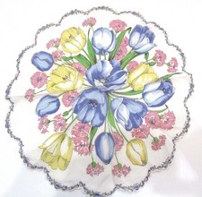 Vintage Round Hankie w Scalloped Edge Blue  Yellow Tulips w Pink Flowers 13"