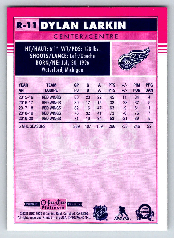 2020-21 O-Pee-Chee Platinum Retro #R11 Dylan Larkin (ref 218450) - Image 2 of 2