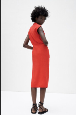 Zara Women's Medium Dress Midi Red Ruched Front New | eBay