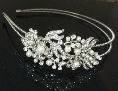 Bridal Wedding Jewelry Crystal Rhinestone Pearl Duo Flowers headband Silver