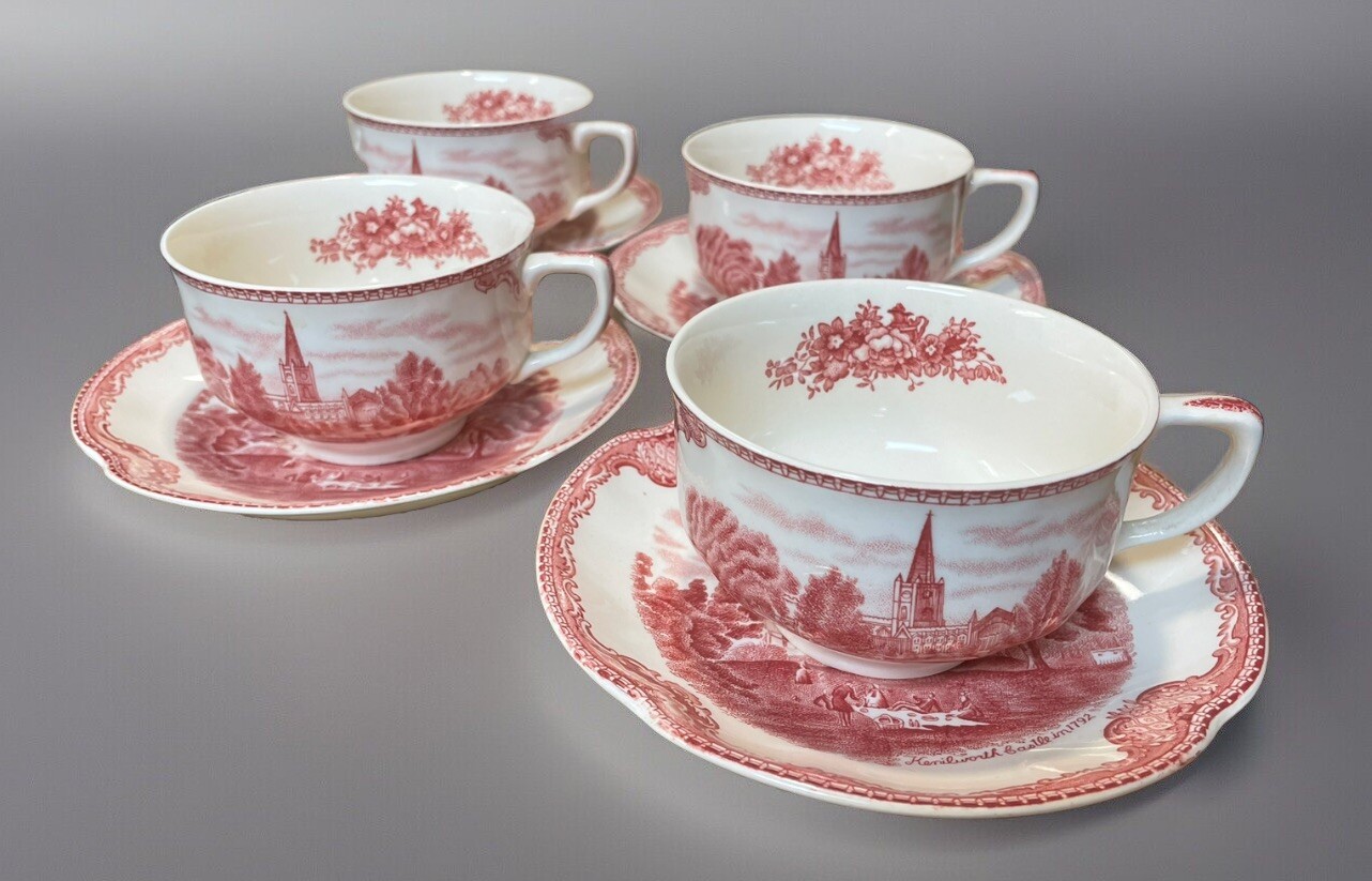 4 Sets Johnson Bros “Old Britain Castles”Pink Red Cups & Saucers, VGC, No Stains