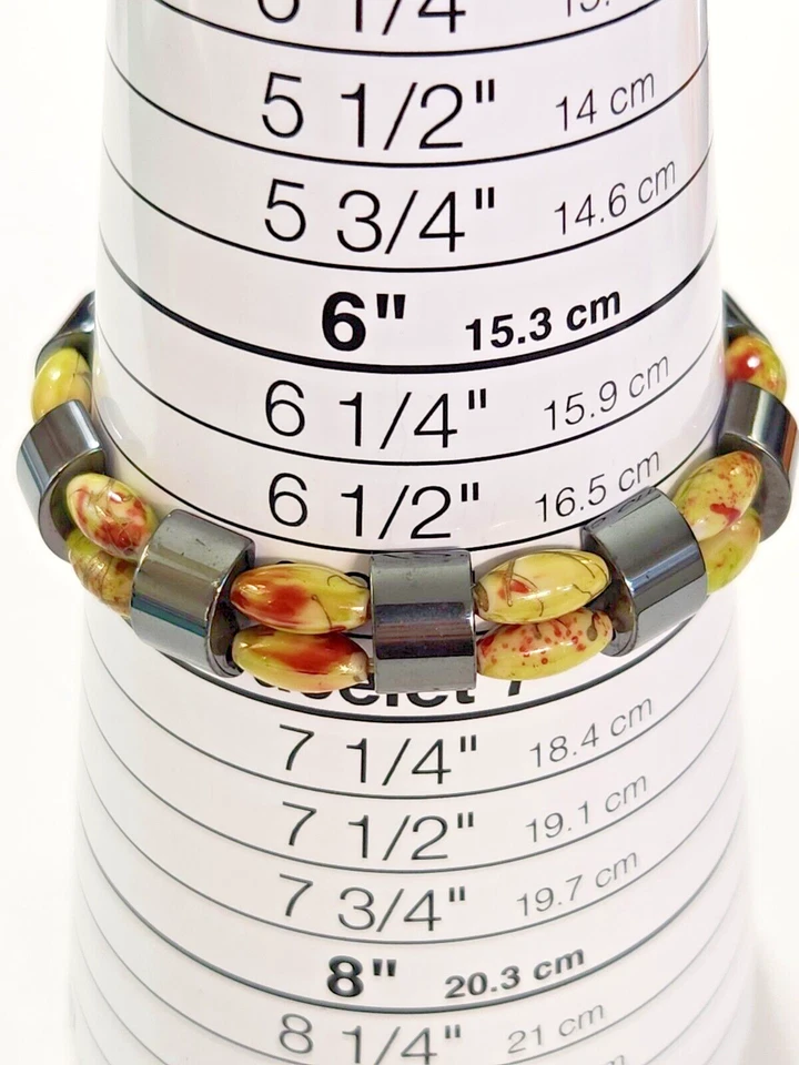 Brazalete elástico con cuentas de vidrio artístico de hematita y remolino rojo verde negro belleza asiática Foto 4 de 4