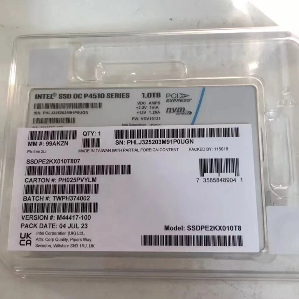 1TB Intel SSD P4510 Series DC U.2 SSDPE2KX010T8 VDV10131 2.5" NVMe/PCle sSD 1.0T - Image 2 of 4