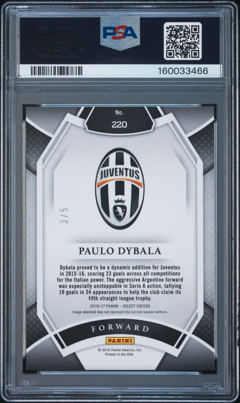2016 PANINI SELECT GREEN PRIZM #220 PAULO DYBALA 3/5 PSA 9 DNA AUTO 9 view 2