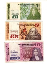 LOT SET SERIES 3 BANKNOTES IRELAND IRELAND 1 & 5 & 10 POUNDs 1979 1980 1988 VF