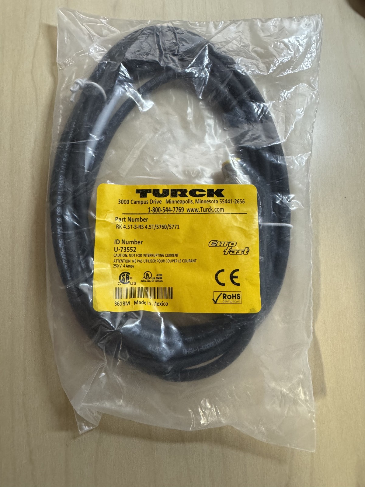 Turck RK 4.5T-3-RS 4.5T/S760/S771 Eurofast Cordset Sensor Cable, 3m, M12 5-Pin
