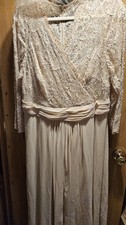 Women's Champagne Lace Formal Dress, Beaded Sequins, Long Sleeve, Floor Length