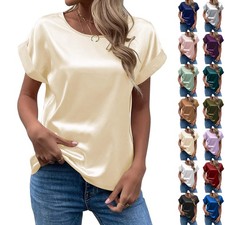 Womens Satin Silk Short Sleeve Shirts Plain TEE Crew Neck Summer Blouse Top SIZE