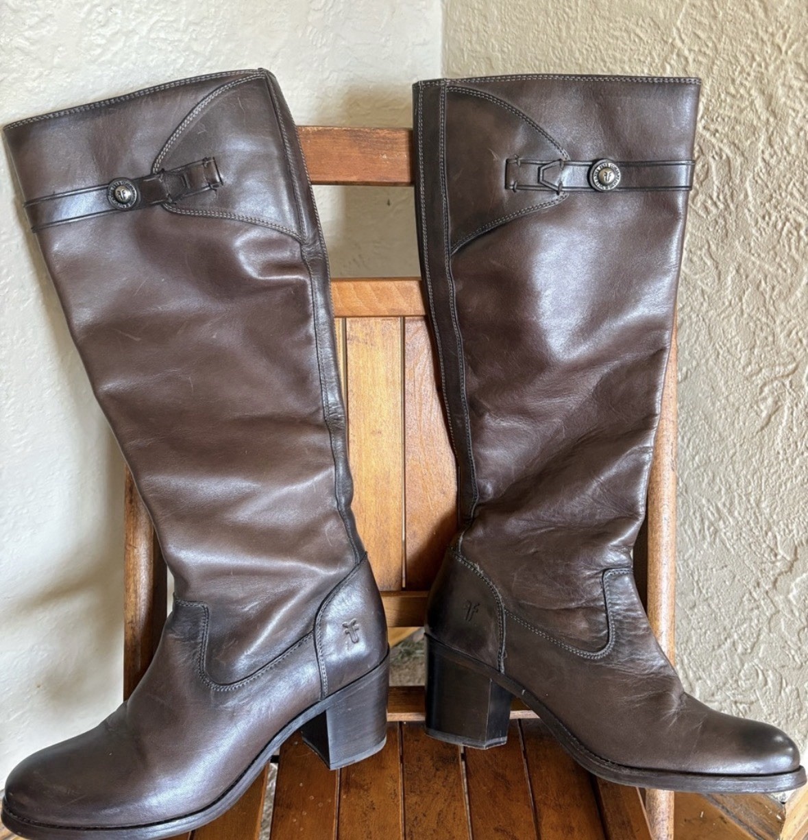 Frye Knee High Brown Leather Riding Boots Button Straps Women's US 8.5