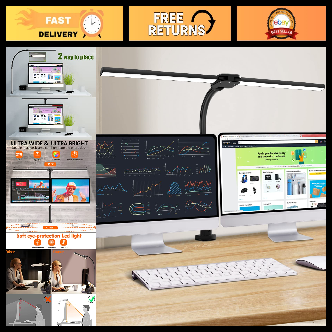 Eyeglass Sign Led Brightest Double Head LED Desk Lamp - 24W, 5 Color Modes, Dimmable Eye ...