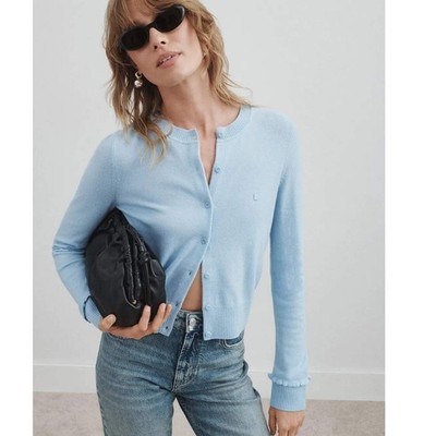 Sandro Emile Cardigan Light Blue Wool Cashmere Ruffle Cuff Women Sz 8 US / 3 FR
