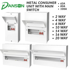 DANSON Metal Consumer Unit with Main Switch Distribution Board 2-20 Way 63A-100A