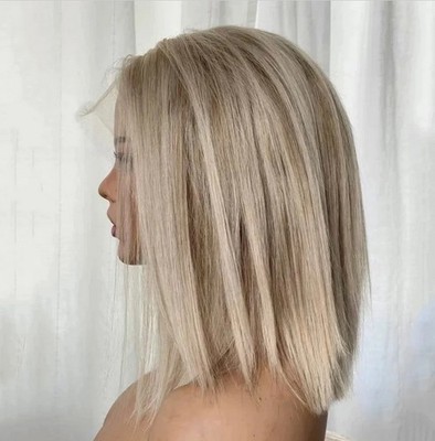 Short Human Hair Wig  Platinum Blonde Highlights  13x4 Lace Frontal Wig