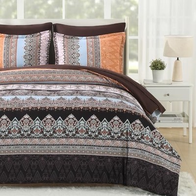 Boho Comforter Set - 7 Pieces Bed in a Bag, Bohemian Striped Queen Brown