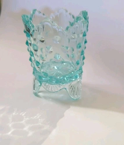 VTG Aqua Blue Fenton Hobnail Toothpick Holder MCM Scalloped Edges Trinket Dish