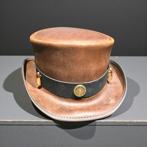 Marlow Steampunk Hatter Leather Top Hat Brown Brass Bullet Detail Costume...