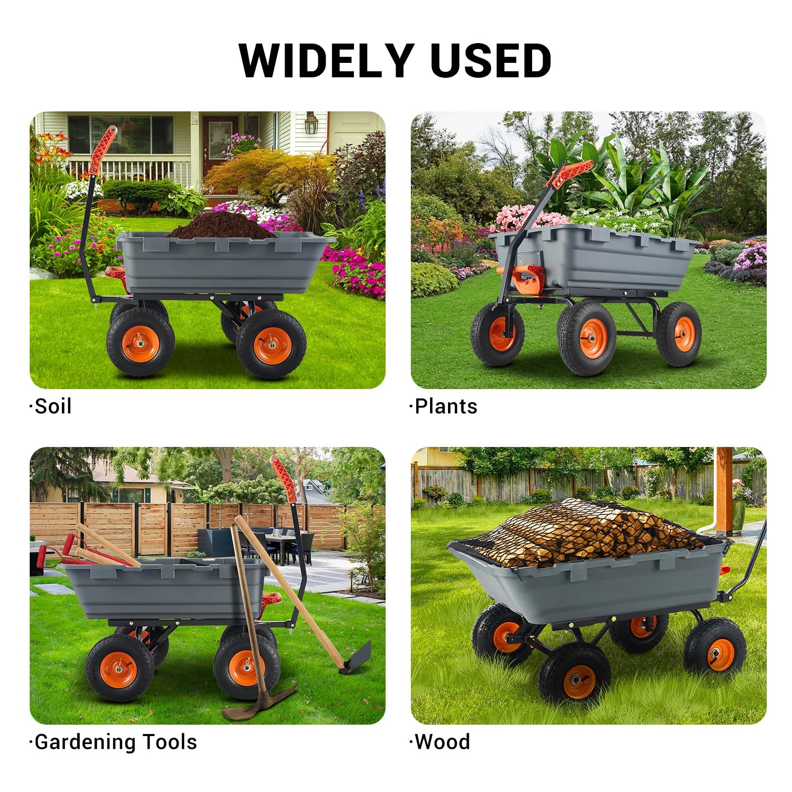 800 LBS Poly Garden Dump Cart Heavy-Duty Dump Wagon Utility Cart Wheelbarrow 