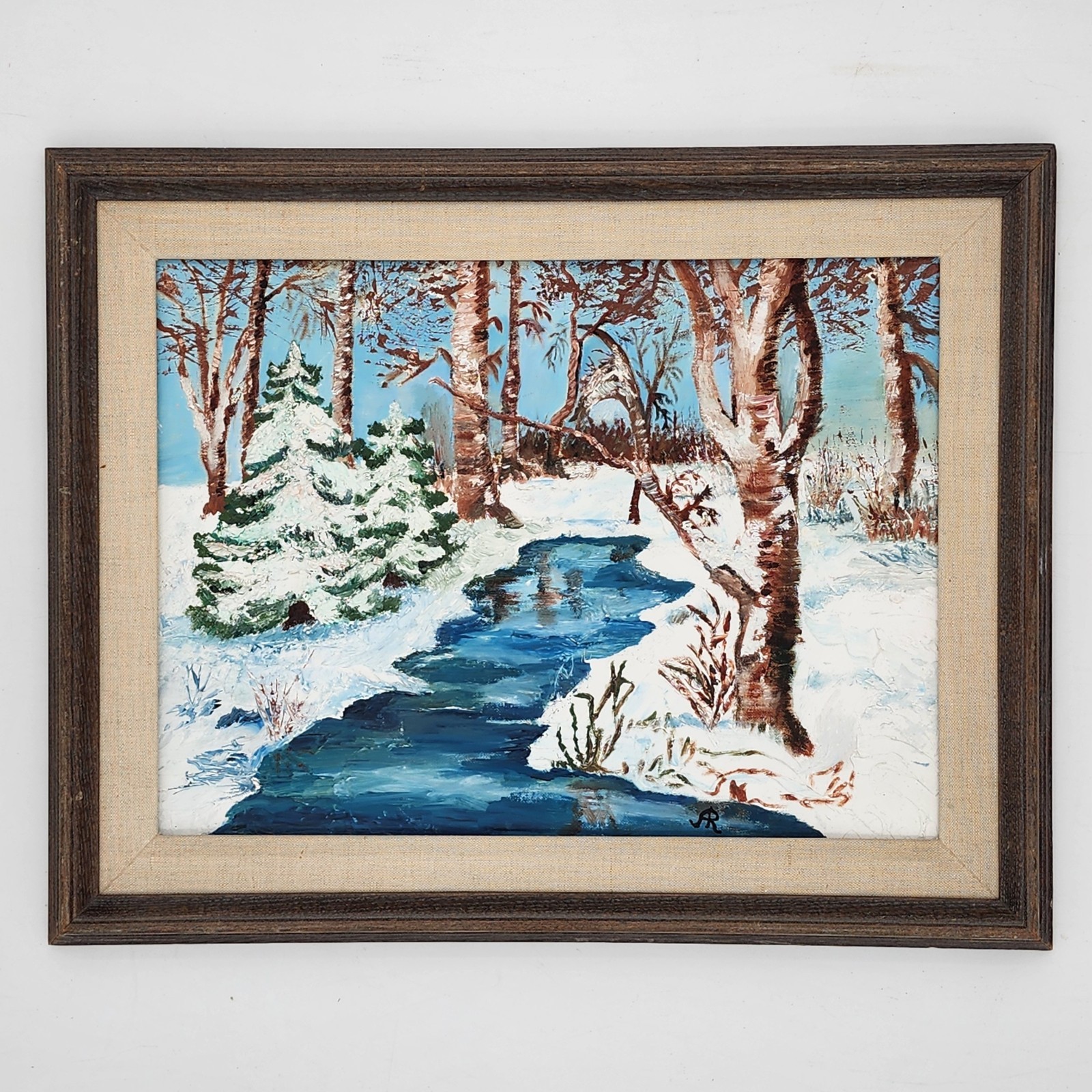 Vintage Original Signed Framed Oil Painting Winter Snow River Landscape Iowa Art