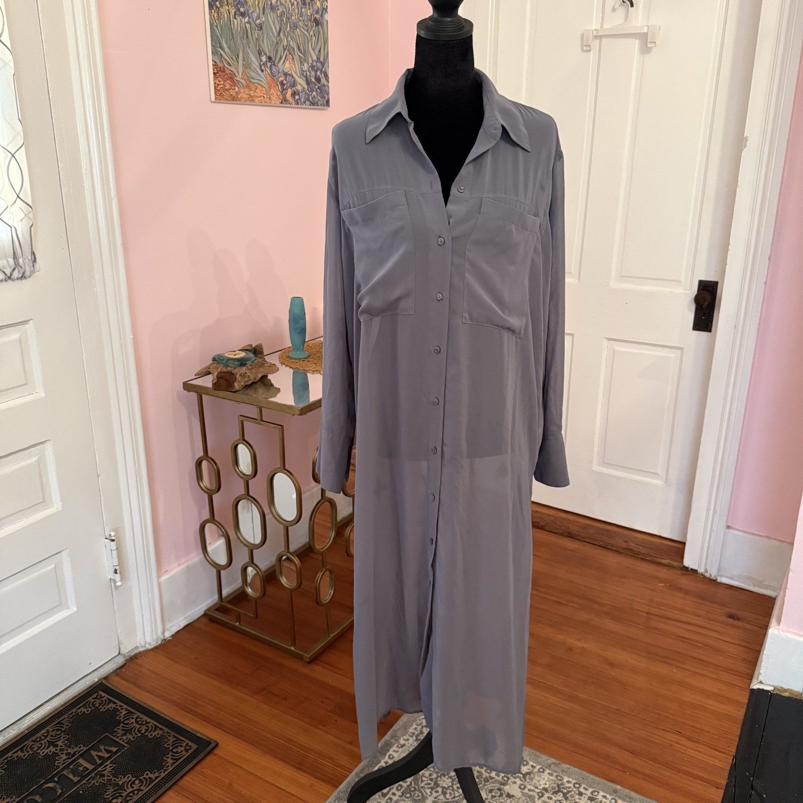 Zara Gray Solid Chiffon Shirt Dress Collared Button Front Long Sleeve XS