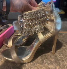 Gold High Heel Sandals with Rhinestone Embellishments Sz 9