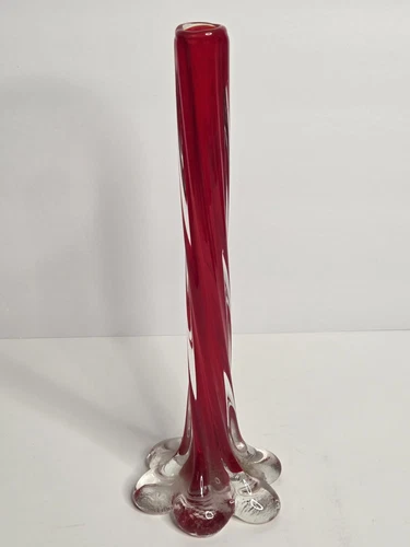 Vintage Murano Art Style Vase Carnival Glass Red / Clear Twisted Petal Foot VTG