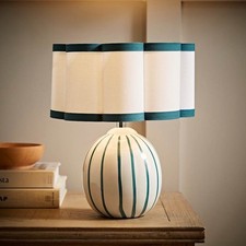 Teal Stripe Ceramic Table Lamp Scallop Lampshade Bedside Bedroom Light LED Bulb