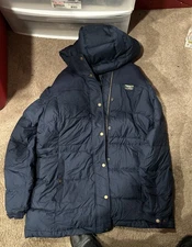 LL BEAN Womens Detachable Hood Puffer Jacket Navy Blue Size Large NEW