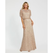 Mac Duggal Beige Beaded Mesh Cape A-Line Gown Nude Gold Size 10 NWT