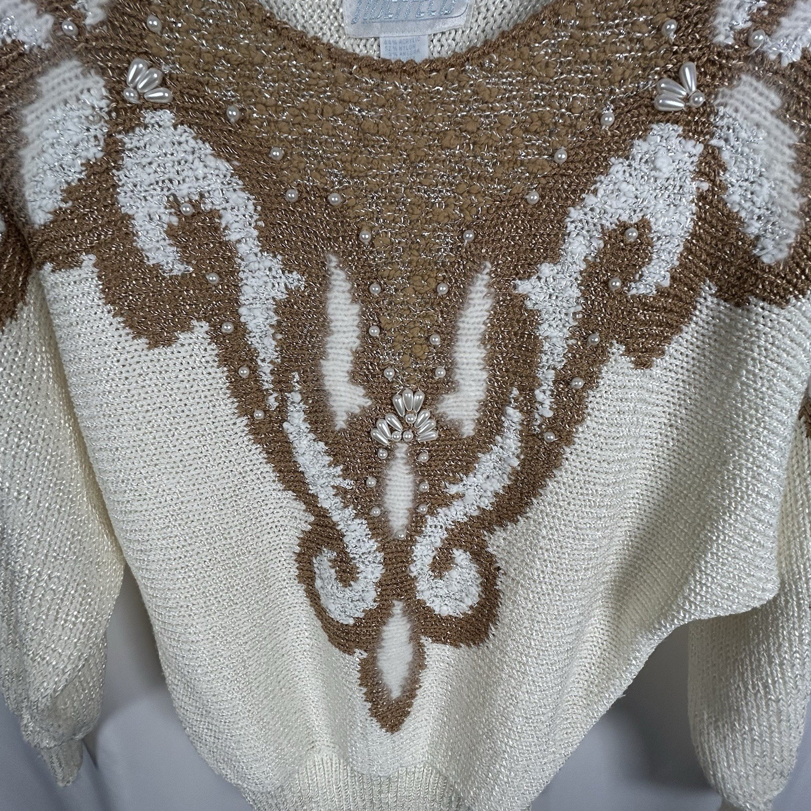 VTG 80s Sideffects Knit Beverly Small Sweater Cream Brown w Beads Shoulder Pads