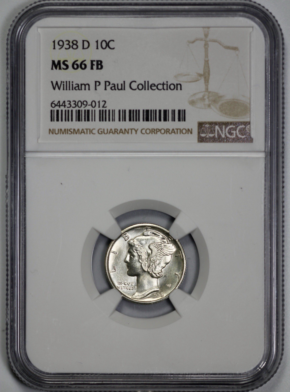 1938-D Mercury 10c Silver Dime NGC MS 66 FB Full Bands Semi Proof Like