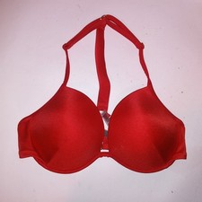 Victoria Secret Swim Bikini Top 32DD Push Up Red Shine Strap Logo Underwire