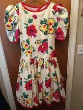 VINTAGE VICTOR COSTA FLORAL DRESS SZ 8 M MEDIUM 100 COTTON STYLE 7902 VTG 80 S