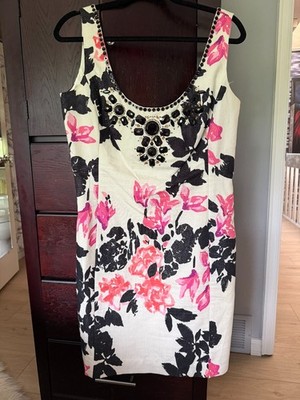 Lilly Pulitzer White Pink Black Metallic Brocade Beaded Lined Dress Size 12 NICE