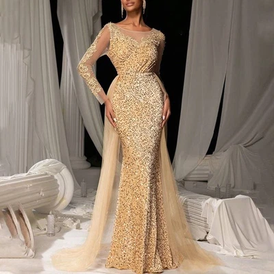 Robes Longue Sirène Paillettes Manches Longues Mesh Appliqués Dentelle - Photo 1/4