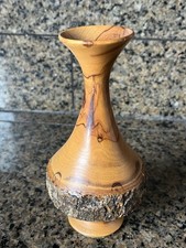 Handcrafted lathe-turned wood bud vase with live edge bark section