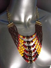 UNIQUE Multi-strands Brown Orange Wood Beads Layered Drape Necklace Earrings Set