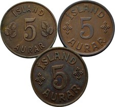 Island Iceland 5 Aurar  M&uuml;nze Bronze 3 St&uuml;ck Original #PFX11