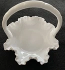 Vintage 1950s Fenton Ruffled Milk Glass Hobnail Candy Basket Trinket Dish - Bowl