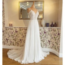 V Neck Lace Chiffon Wedding Dresses Boho Beach A-line Spaghetti Straps Gowns