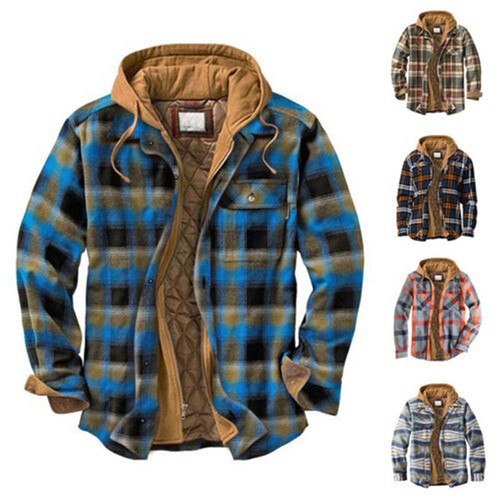 Mens Warm Lined Hoodie Plaid Flannel 