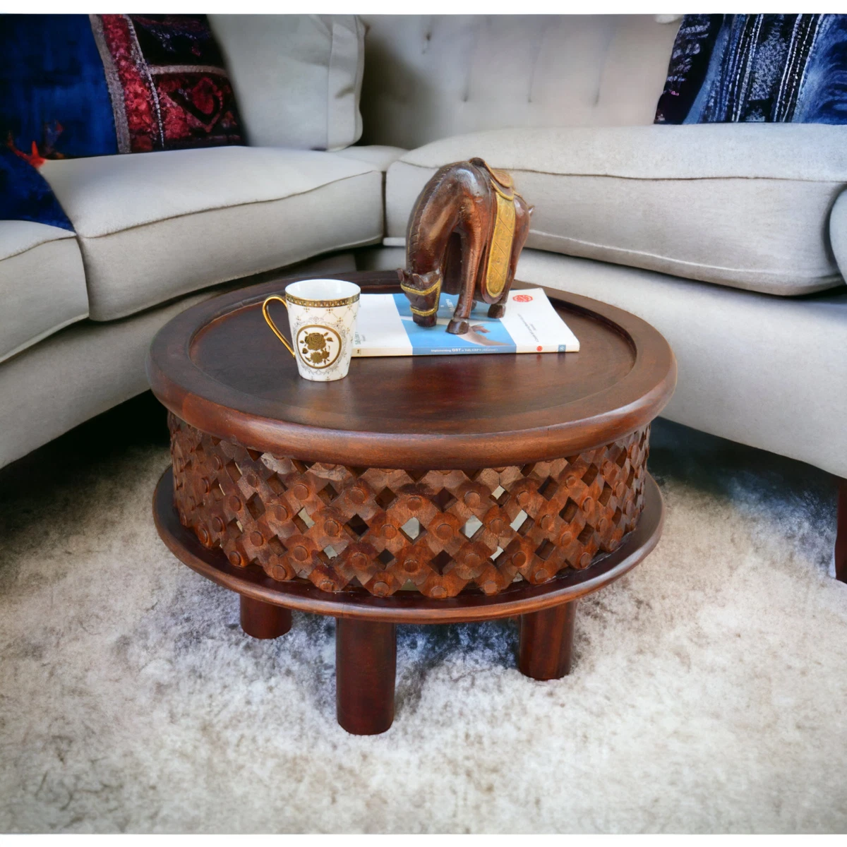 Round carved sale wood coffee table