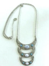 ZAD  STATEMENT SILVER TONE CHAIN DROP NECKLACE WITH FAUX TURQUOISE STONES