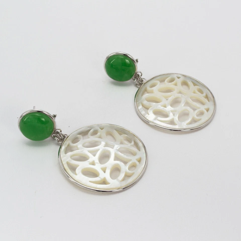 ORECCHINI IN ARGENTO 925 CON GIADA VERDE E MADREPERLA TONDA AGHT 034 - Immagine 2 di 3