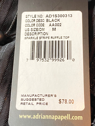 Adrianna Papell Black Sparkle Stripe Ruffle Top Size M Split Sleeve New - Picture 14 of 14