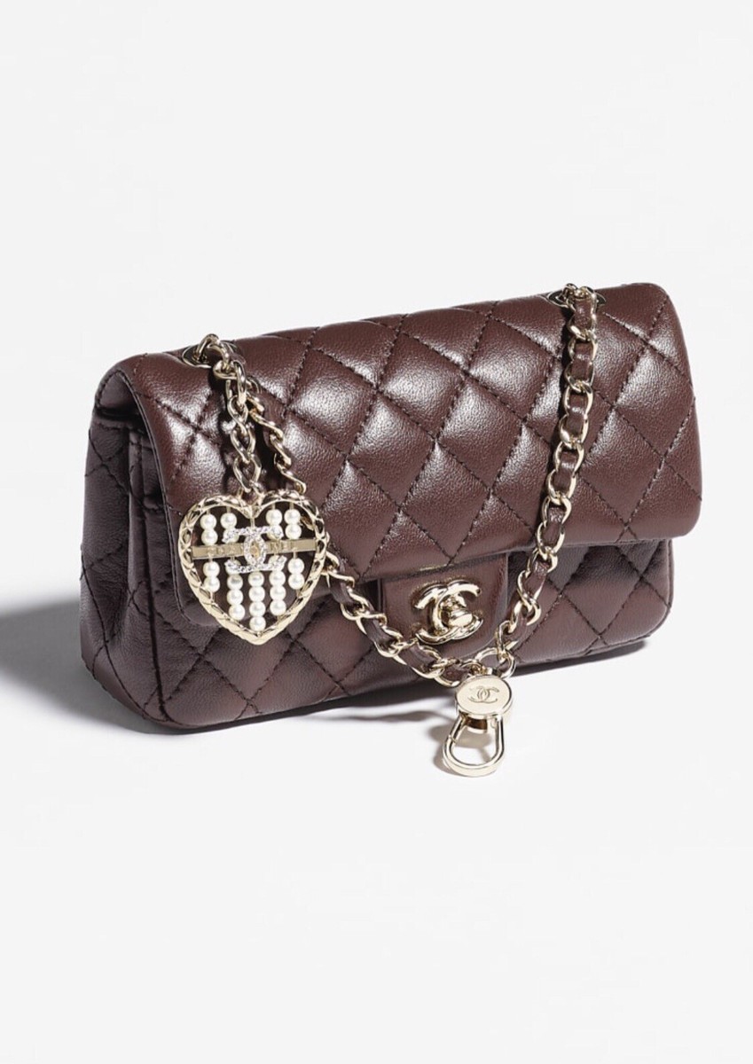 NEW 25A Chanel Extra Mini Classic Flap Bag Brown Charm Gold Pearl