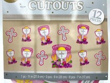 12 Piece Cutout Decorations for Girls First Communion Pink  White