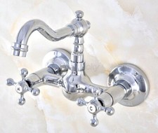 Polished Chrome Bathroom Basin Sink Faucet Dual Handles Mixer Tap Wall Mount