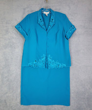 Vtg 80s Allison Woods Skirt Suit Sz 18 Blue Button Up Short Sleeve Pull On Skirt