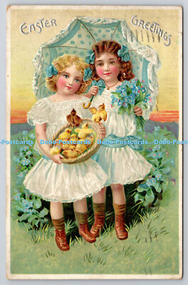 R771015 Ostergrüße zwei Mädchen und Küken Raphael Tuck und Söhne Osterpost